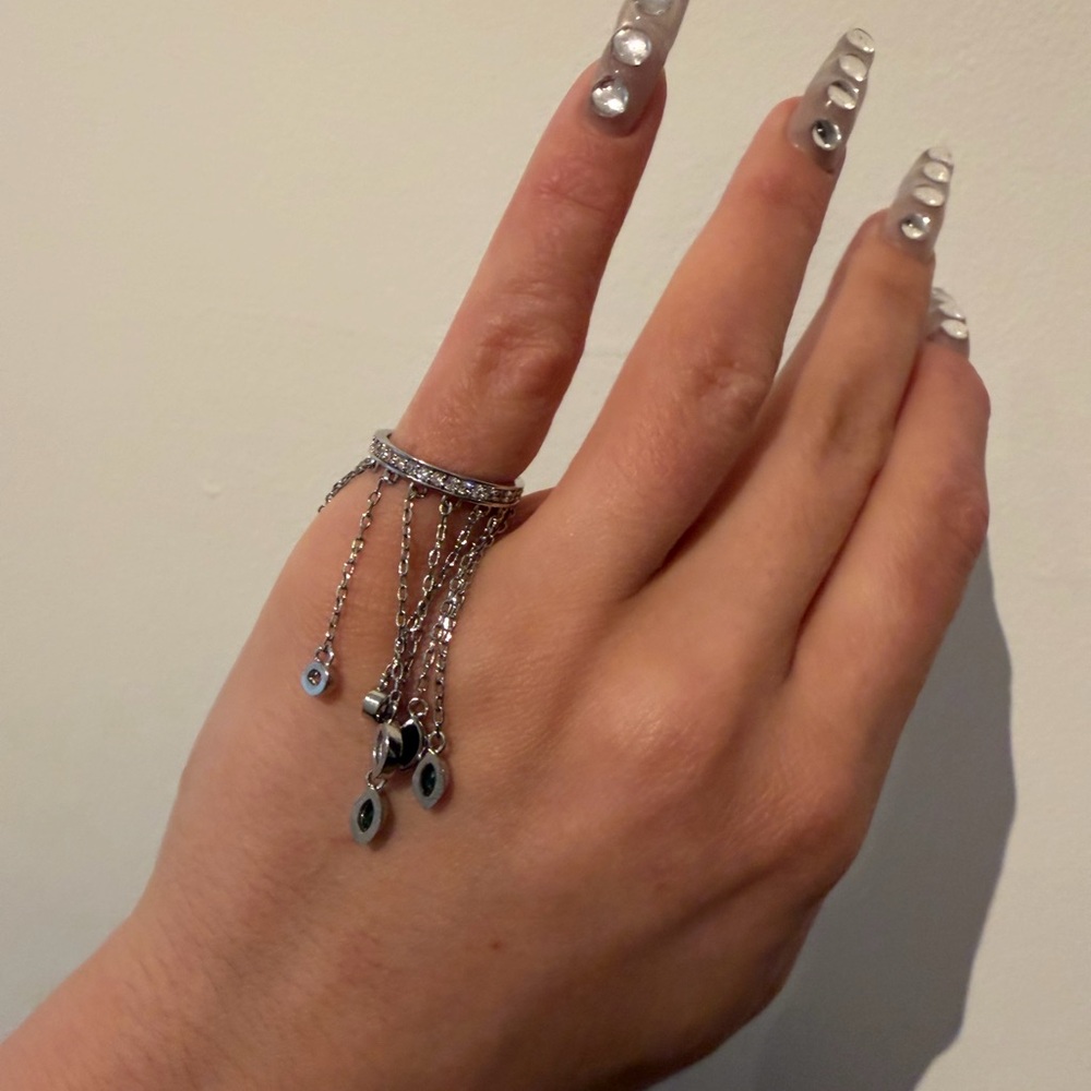 Silver Chain Fringe Emerald Ring - Women Jewelry